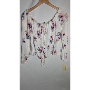 Rewind Juniors Off The Shoulder Button Up Blouse Sz S Floral Boho‎ Peasant Tie